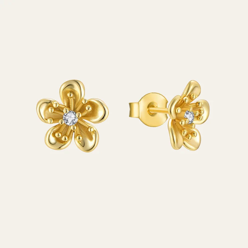Fashion Jewelry 925 Sterling Silver Minimalist Thread Earrings Flower Five Petals Blossom Zircon Gold Plated Stud Earrings Women