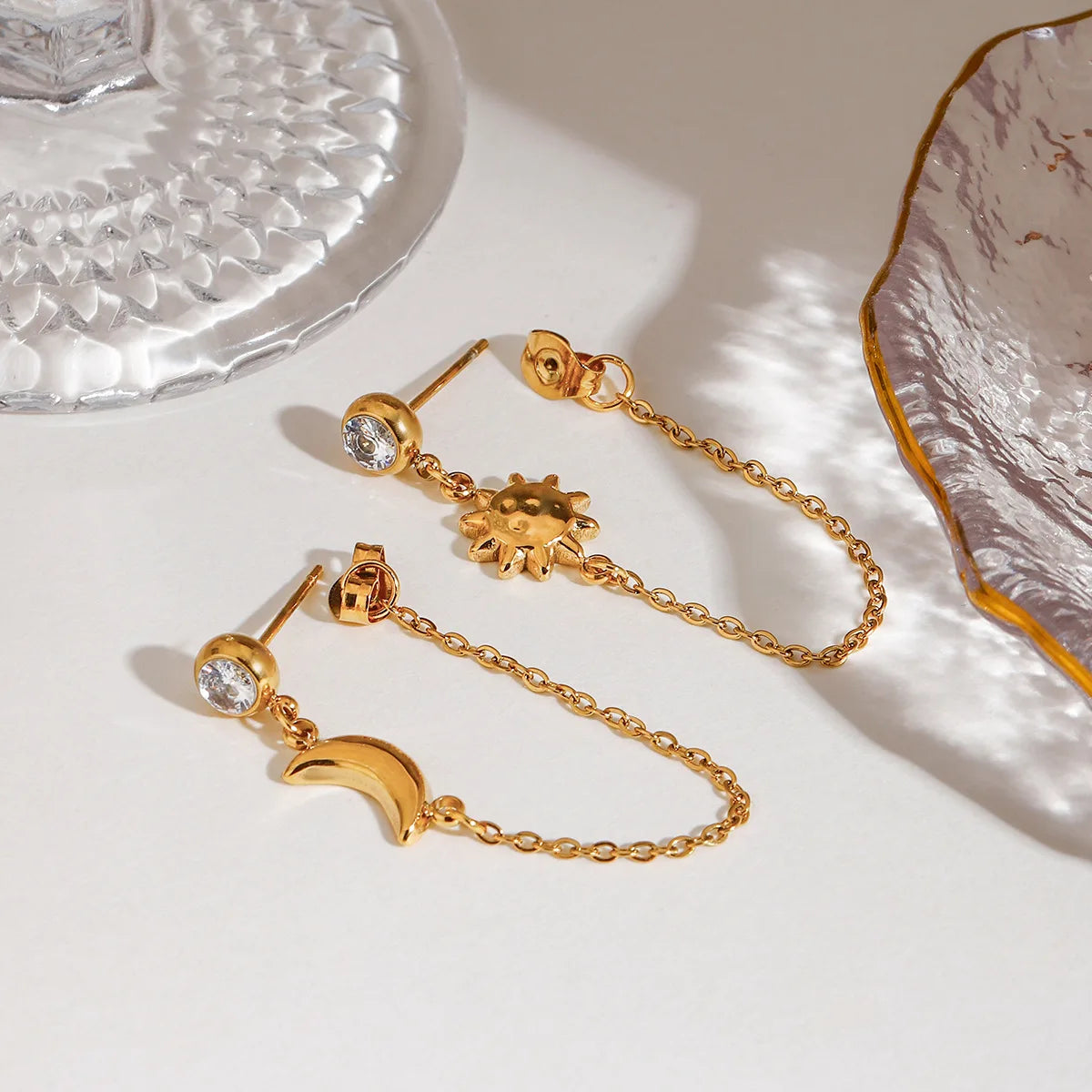 N&S Women's 18K Gold Plated Stainless Steel Drop Earrings Star and Moon Design with White CZ Small Niche Style