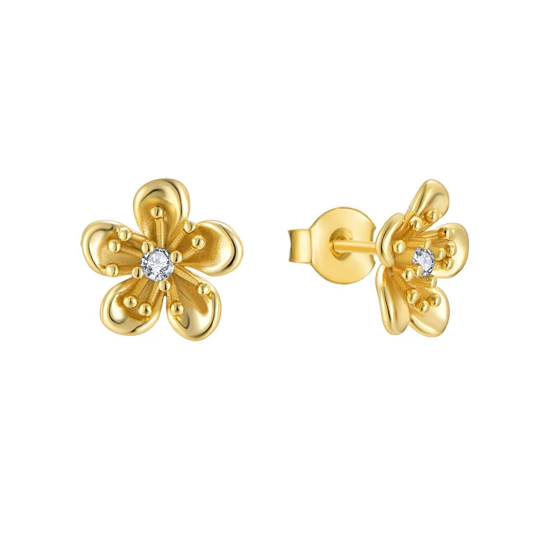 Fashion Jewelry 925 Sterling Silver Minimalist Thread Earrings Flower Five Petals Blossom Zircon Gold Plated Stud Earrings Women