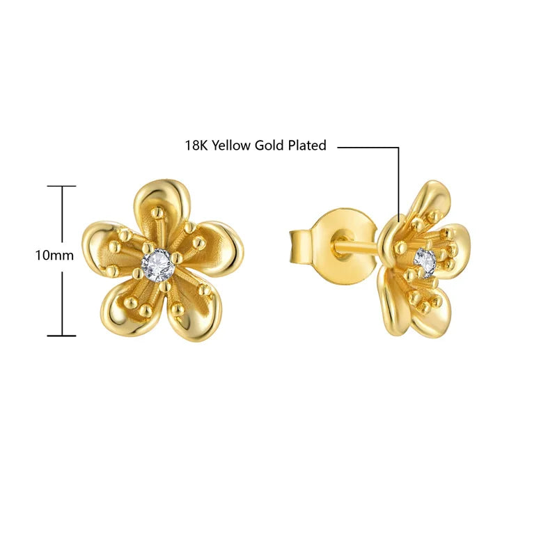 Fashion Jewelry 925 Sterling Silver Minimalist Thread Earrings Flower Five Petals Blossom Zircon Gold Plated Stud Earrings Women