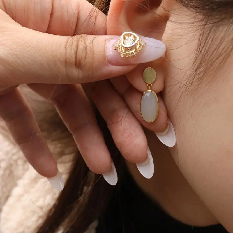 Chris April in Stock 925 Sterling Silver Gold Plated Latest Artificial Manmade Jade Earrings